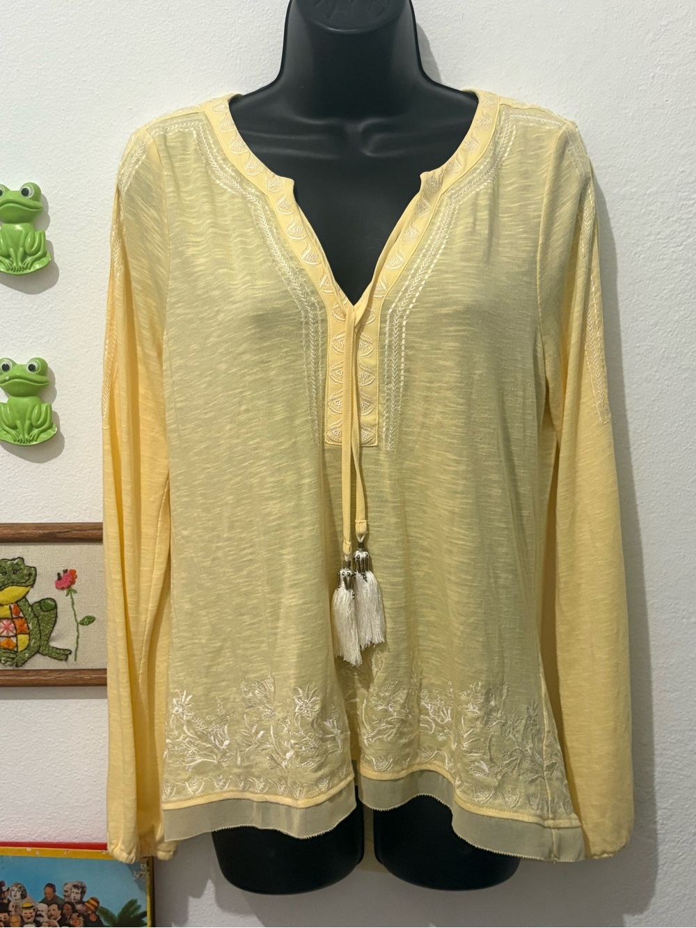 Light Yellow Embroidered Long-Sleeve V-Neck Women's Boho Top